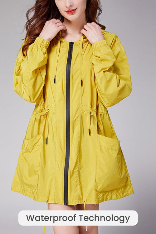 Yellow travel ready outdoor raincoat with waterproof technology and packable design