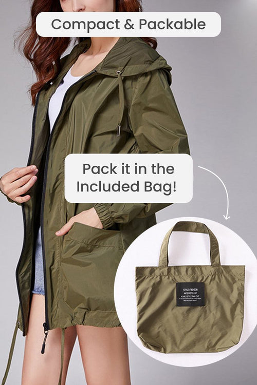Travel ready outdoor raincoat windbreaker in olive green with compact packable bag for easy storage