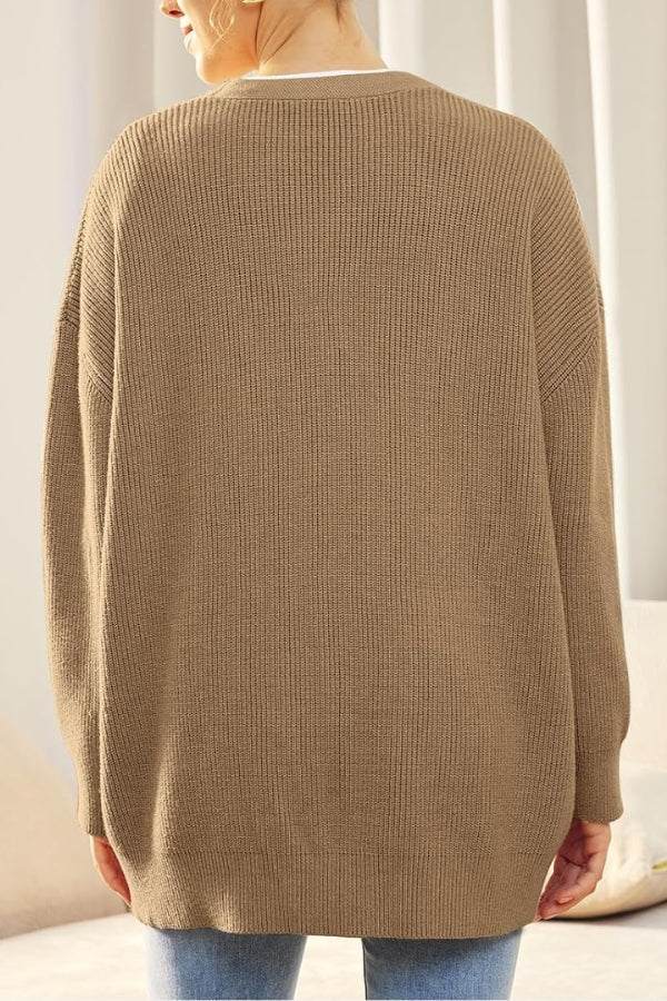 Relaxed fit oversized knitwear cardigan in beige shown from the back