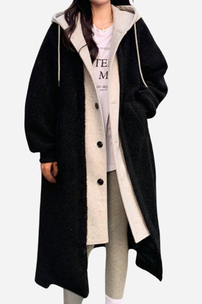 Black and beige oversized sherpa long coat with cozy lining and button closure for everyday wear
