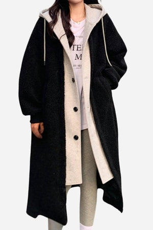 Black and beige oversized sherpa long coat with cozy lining and button closure for everyday wear