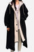 Black and beige oversized sherpa long coat with cozy lining and button closure for everyday wear
