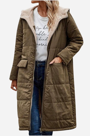 Long olive green sherpa-lined hooded teddy coat with large pockets and quilted puffer design for warmth and style.