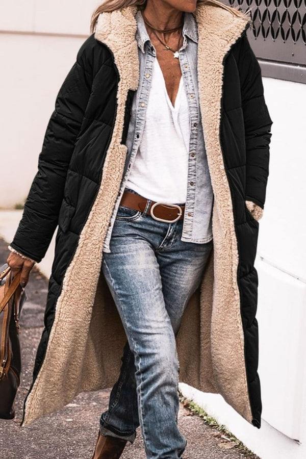 black sherpa-lined hooded teddy coat with cozy interior and casual outfit