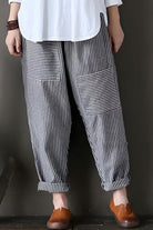 High waist striped casual comfort pants with patch pockets and rolled cuffs