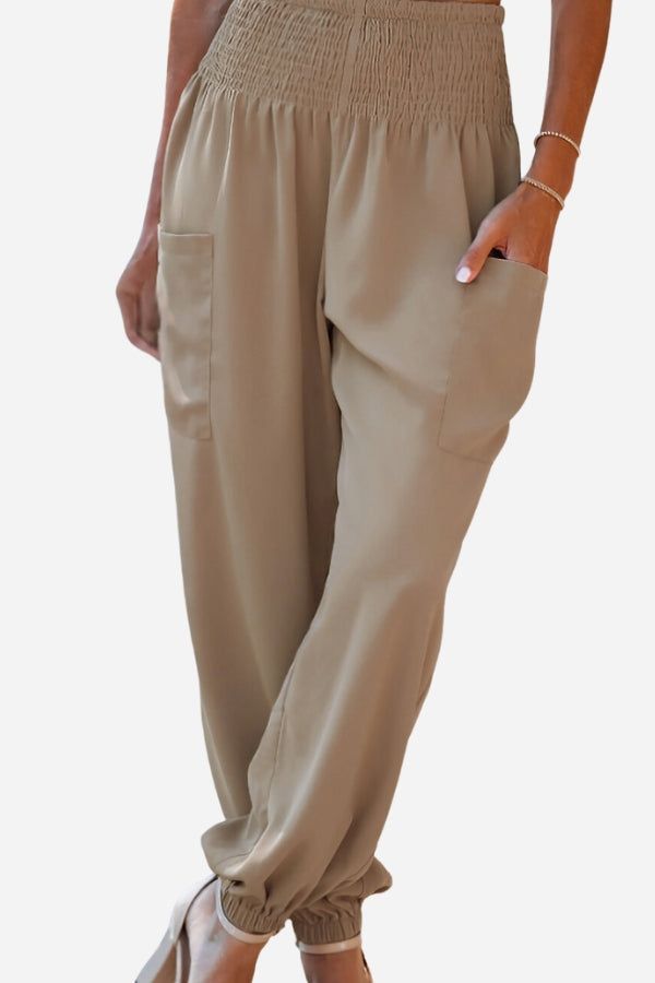Boho Dreamer high-waist elastic pants in beige with side pockets and cuffed ankles