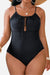 Curvy Comfort Plus Size black one-piece swimsuit with ruched bust and adjustable straps for supportive, flattering fit.