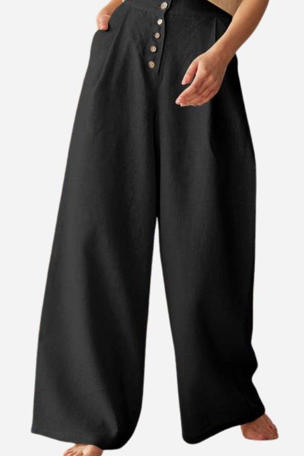 Black button front high waist wide-leg palazzo pants for women, lightweight and comfortable