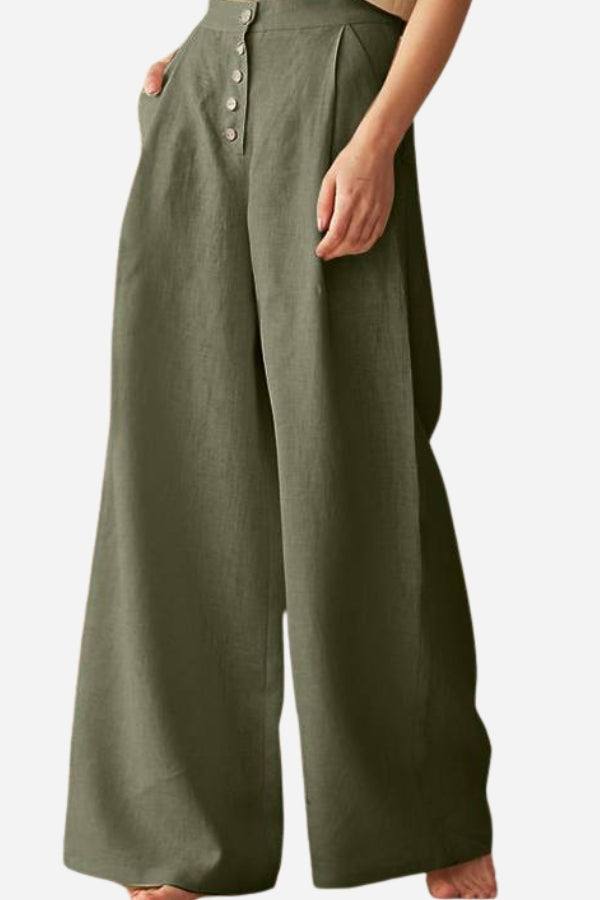 Button front high waist olive green palazzo pants with wide legs and pockets