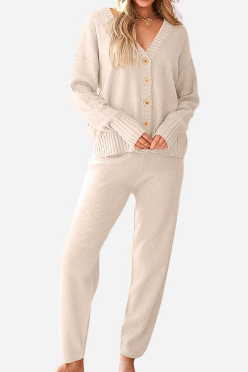 Two-piece knitwear relaxed co-ord set in soft beige with button-up cardigan and matching pants