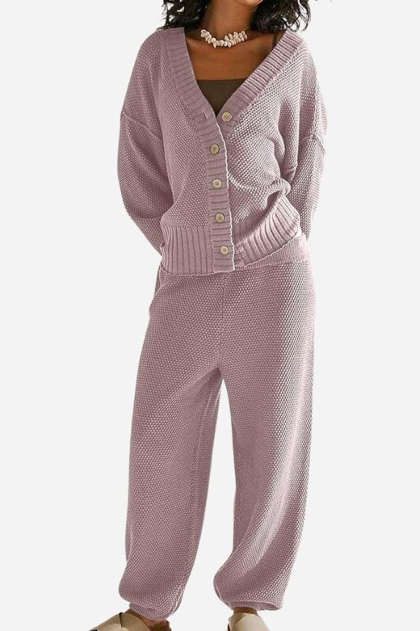 Two-piece knitwear relaxed co-ord set in soft mauve knit with button-up cardigan and matching pants