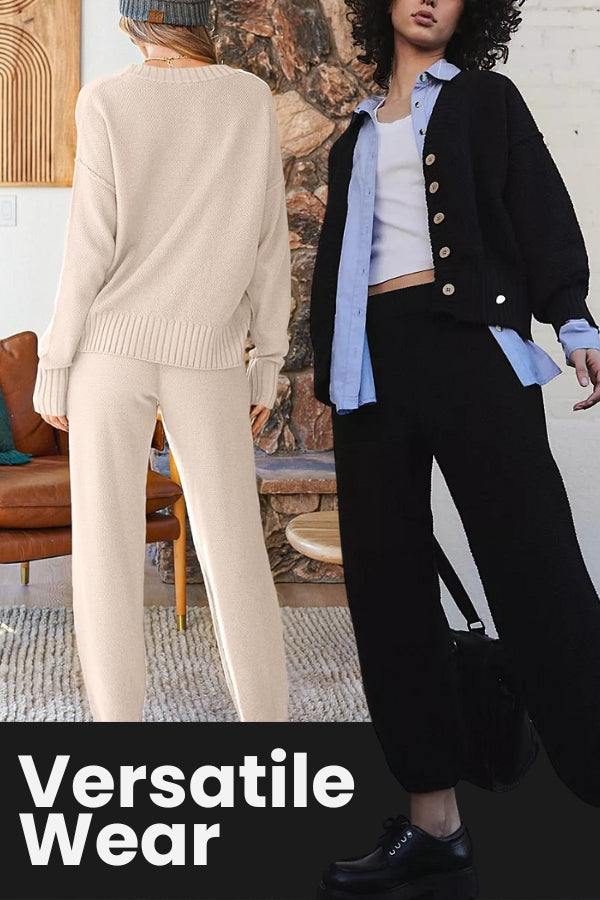 Women modeling versatile two-piece knitwear co-ord sets in beige and black with relaxed fit and soft fabric