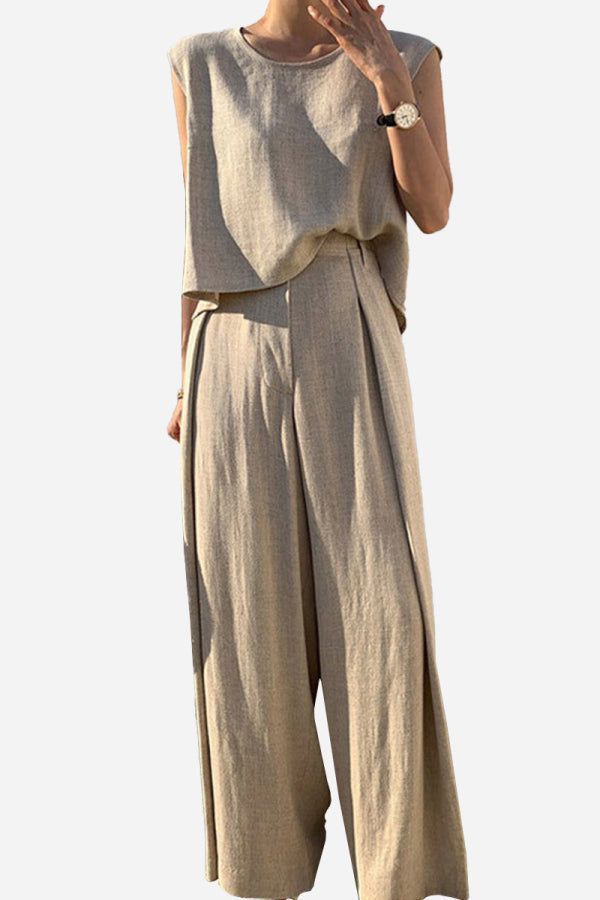 Beige Casual Radiance Loose-Fit Combo set with breathable cotton-linen blend, sleeveless top, and wide-leg pants for all-day comfort and versatile elegance.