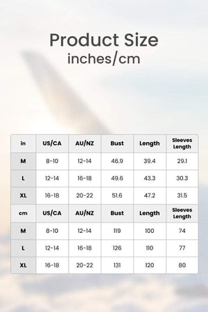 Chic Drizzle Defender raincoat size chart showing bust, length, and sleeve measurements in inches and centimeters for M, L, XL sizes