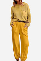 European minimalism relaxed khaki sweater top and trouser set with knit fabric and pocket detail