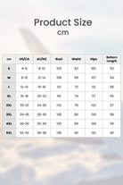 Size chart for two-piece set featuring bust, waist, hips, and bottom length measurements in cm for sizes S to 5XL