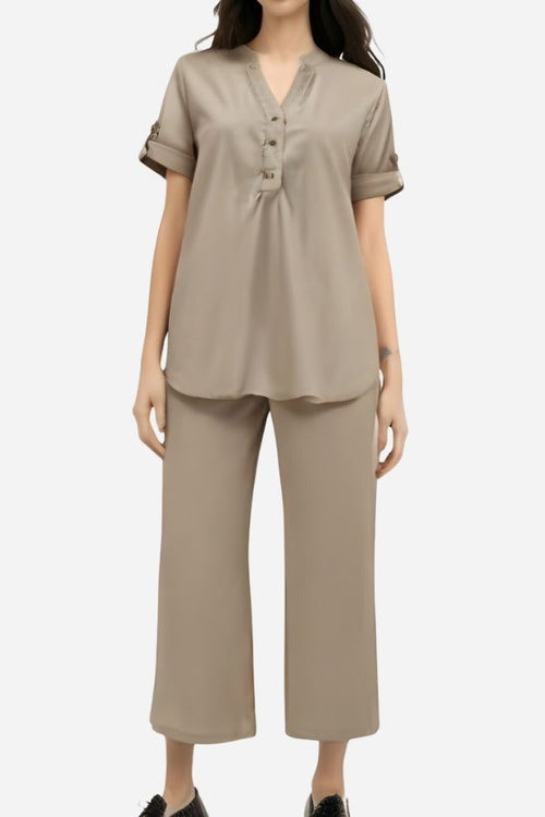 Beige short-sleeved V-neck top with buttons paired with wide-leg trousers suit for casual and semi-formal wear.