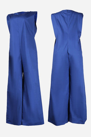 Blue sleeveless wide-leg jumpsuit with body-balance cut, premium fabric, and smart-casual design.