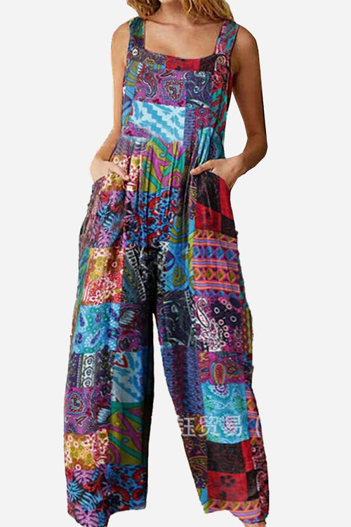 Colorful Bohemian Fantasy Overalls with patchwork design, wide legs, square neckline, and pockets, made of soft cotton blend fabric.