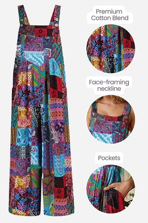 Colorful Bohemian Fantasy Overalls with premium cotton blend, square neckline, pockets, and wide-legged design