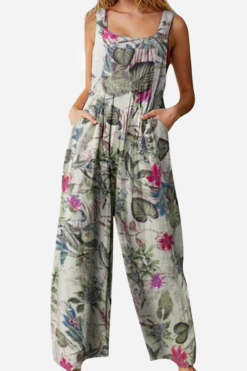 Bohemian Fantasy Overalls with floral print, square neckline, wide-legged, loose fit cotton blend women's jumpsuit