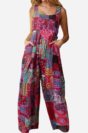 Bohemian Fantasy Overalls in vibrant patchwork print with square neckline and wide legs for a loose, comfortable fit