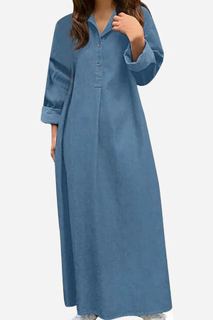 Blue bohemian maxi dress with temperature-controlled cotton fabric and body-balance cut, featuring a shallow V-neck and wrist-length sleeves.