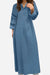 Blue bohemian maxi dress with temperature-controlled cotton fabric and body-balance cut, featuring a shallow V-neck and wrist-length sleeves.