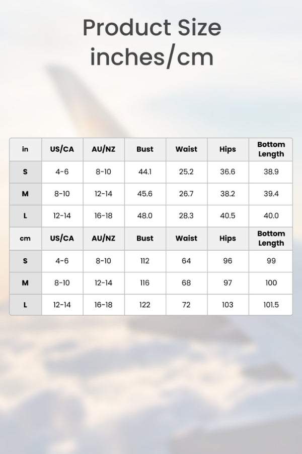 Multi-Weather Comfort two-piece oversized set size chart in inches and centimeters showing bust, waist, hips, and bottom length for sizes S, M, and L.