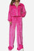 Pink velour zip-up cropped jacket and wide-leg pants two-piece leisure set for women