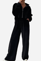 Black zip up wide leg pants leisure two-piece co-ord set in premium velour fabric