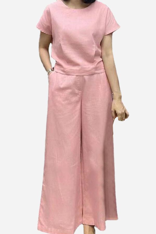 Pink short-sleeved bell pants two-piece set with loose fit and crew neck