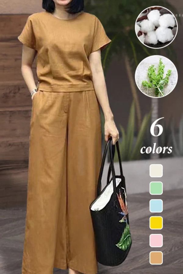 Short-sleeved bell pants two-piece set in brown, loose fit, premium fabric, six color options, casual elegant women's outfit