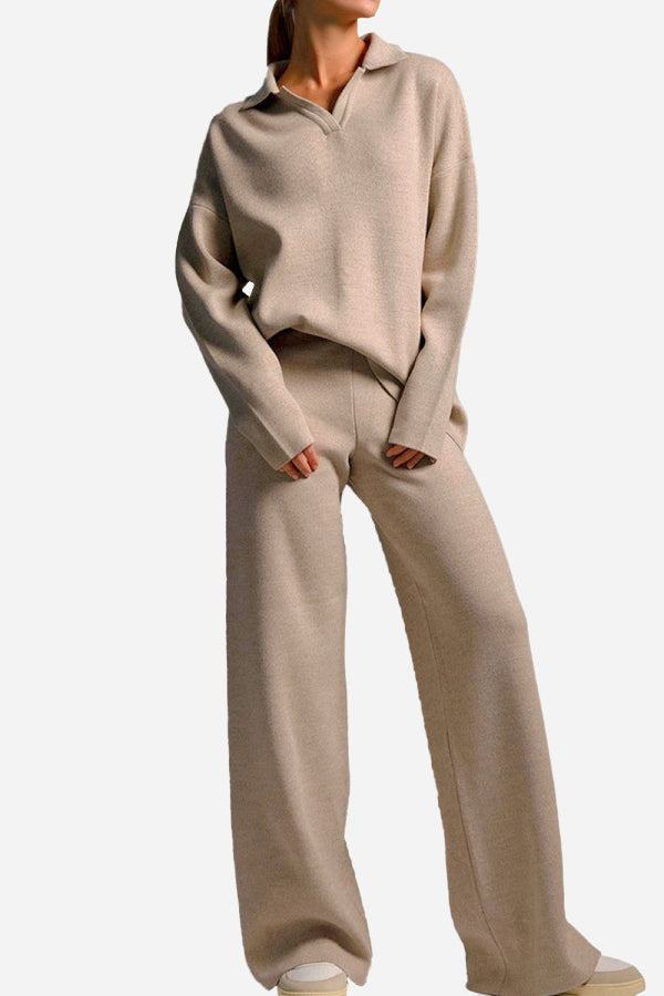 Plush and preppy camel two-piece set with polo collar and wide-leg pants in soft, wrinkle-free fabric.