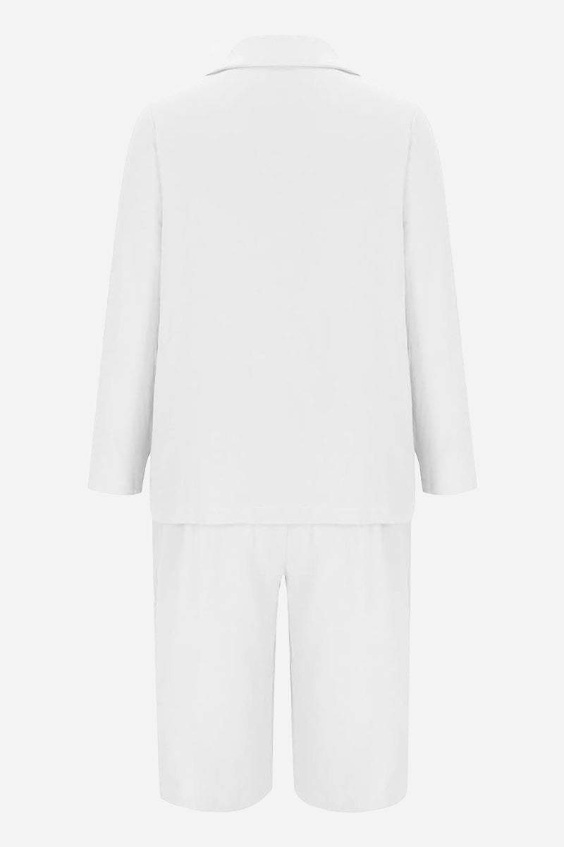 White blazer and high-waisted shorts two-piece set back view, cotton-terylene blend fabric, slim fit tailored design.