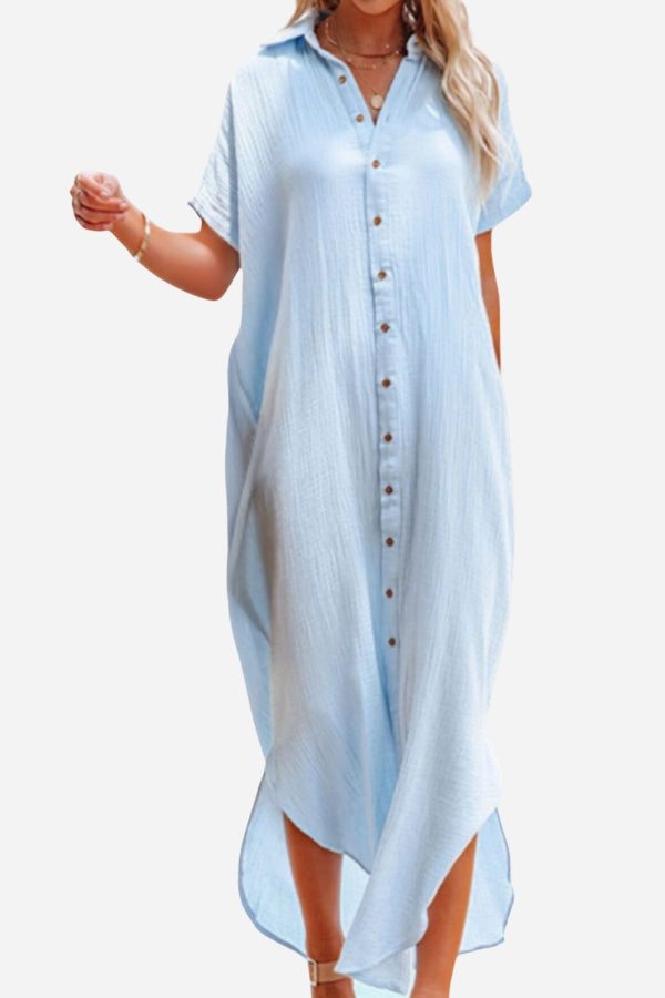 Light blue full-length button-down beach cover-up dress with short sleeves and collar
