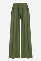Olive green stretchy wide-leg pants with elastic waistband and relaxed fit for all-day comfort