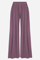 Purple stretchy wide-leg pants with elastic waistband and relaxed fit for all-day comfort