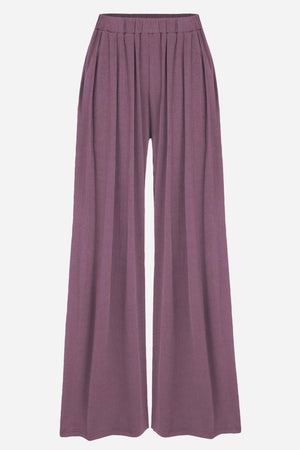 Purple stretchy wide-leg pants with elastic waistband and relaxed fit for all-day comfort