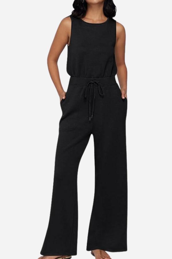 Black sleeveless wide leg pants jumpsuit with drawstring waist and pockets.