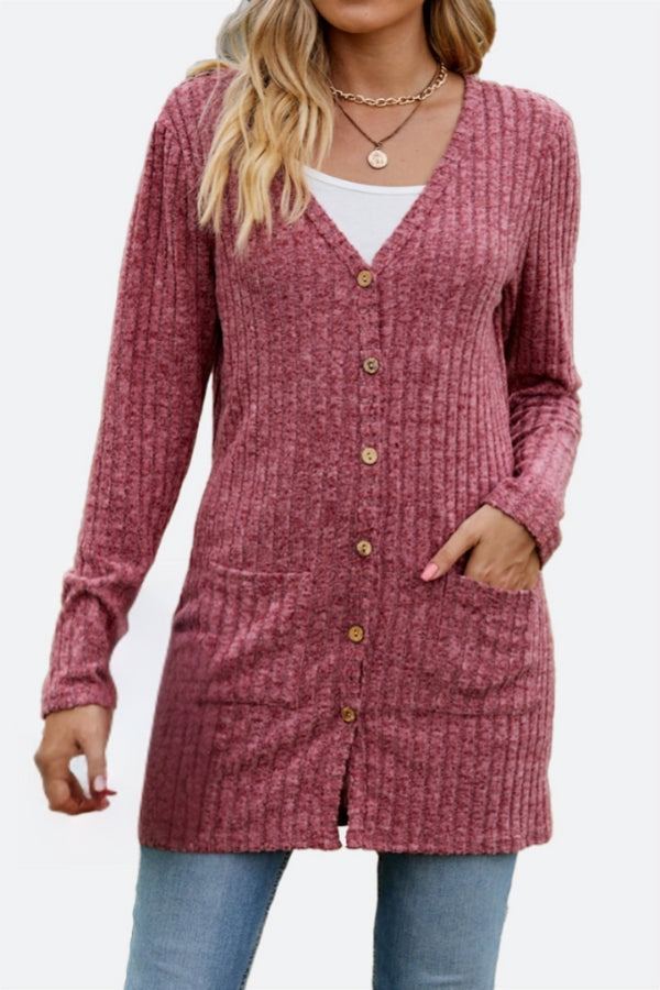 Lightweight ultra soft long knit-like cardigan with buttons and pockets in rose color