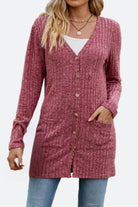 Lightweight ultra soft long knit cardigan with buttons and pockets in dusty rose color