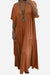 Rust-colored V-neck two-tiered maxi swing dress with loose sleeves and flowing tiers, made of lightweight cotton.