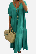 V-neck Two-Tiered Maxi Swing Dress in teal with loose fit and lightweight cotton fabric