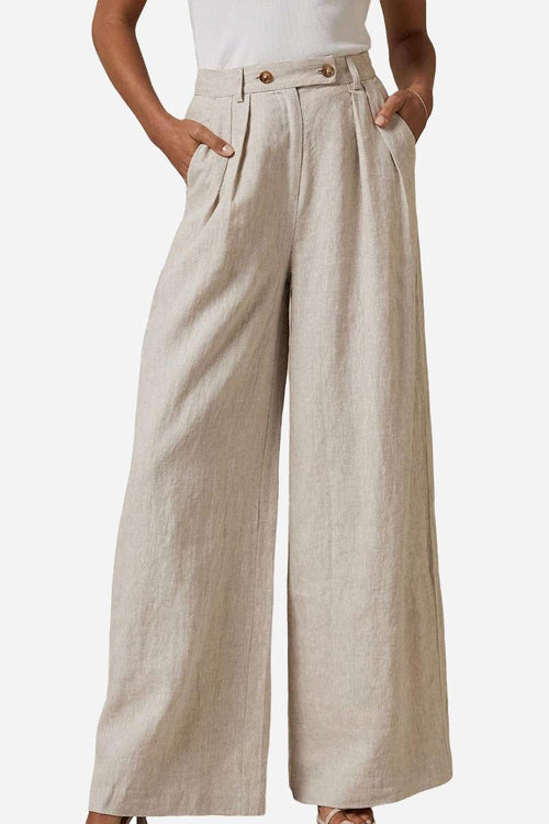 Wide leg high waist beige trousers with elastic waistband and pockets