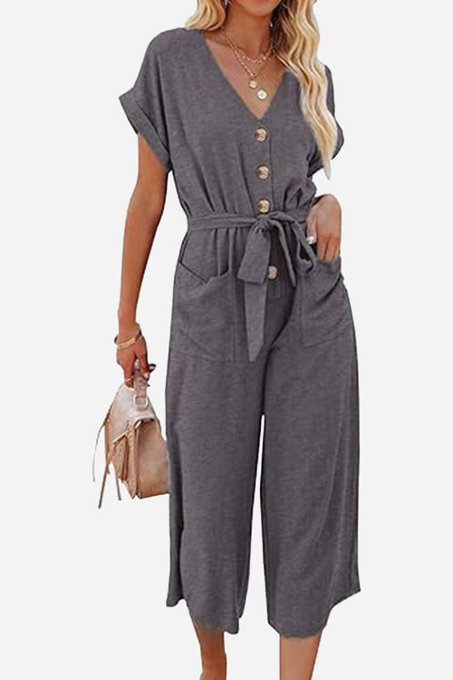 Women’s charcoal grey V-neck lace-up jumpsuit with tie waist and pockets