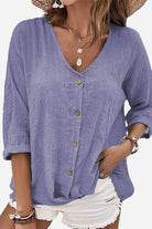 Women's lavender breezy button front tunic with rolled sleeves and V-neckline in crinkled fabric