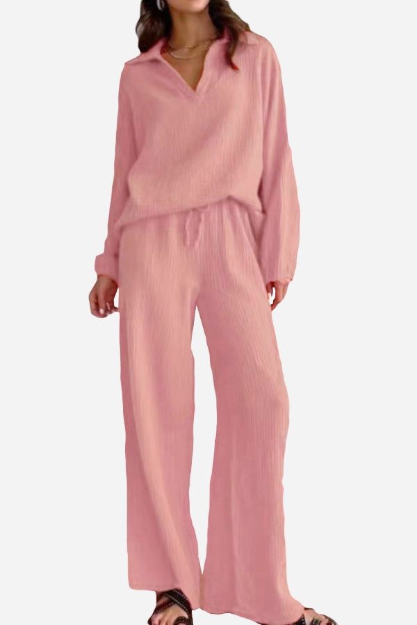 Pink 100% cotton collared two-piece set with bishop sleeves and loose-fitting pants