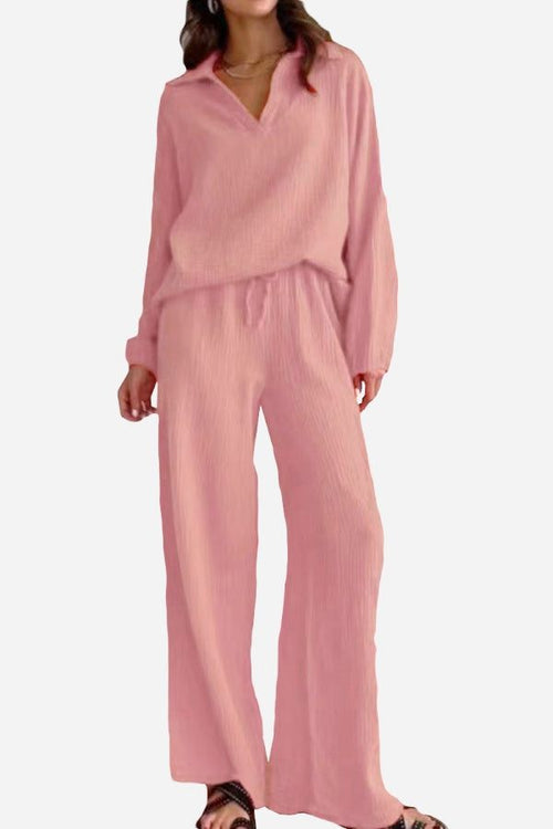 Pink 100% cotton collared two-piece set with bishop sleeves and loose-fitting pants