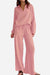 Pink 100% cotton collared two-piece set with bishop sleeves and loose-fitting pants